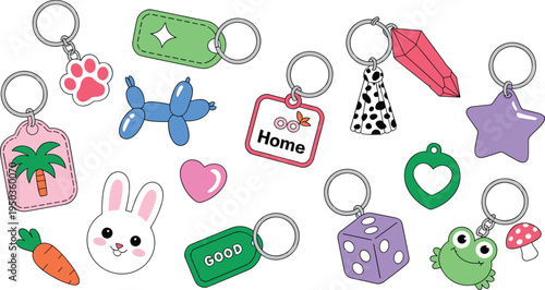 Cute kawaii keychain charm collection, colorful cartoon accessories set with bunny, frog, carrot, dice, star, mushroom vector