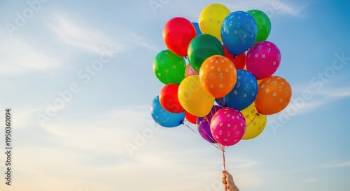 A vibrant cluster of colorful helium balloons held in a hand against a clear blue summer sky background