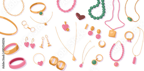 Gold jewelry collection flat lay illustration, colorful necklaces rings bracelets earrings set, elegant fashion accessories vector design