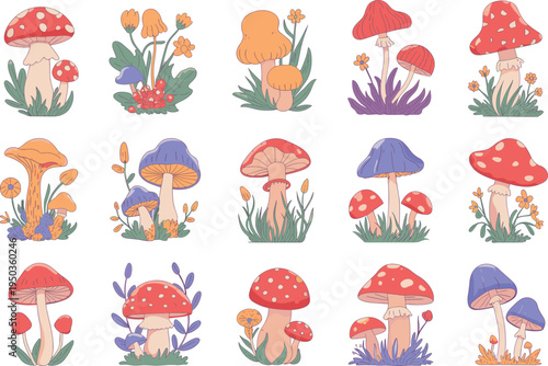Cute whimsical mushroom illustration collection, colorful fantasy forest fungi set, woodland toadstools with plants, decorative nature clipart vector bundle