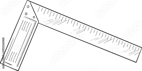 Carpenter square measuring tool line illustration, woodworking angle ruler instrument isolated on white background for construction, carpentry, engineering and DIY measurement design