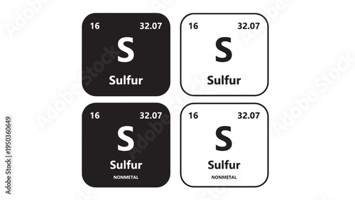 Sulfur element symbol with atomic number 16 and atomic mass 32.07 displayed in both black and white squares, representing a nonmetal.