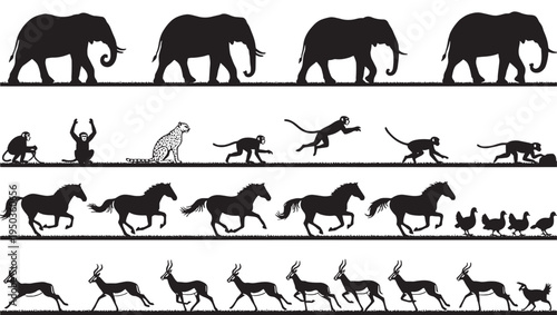 Collection of black animal silhouettes including elephants, monkeys, horses, chickens, and antelopes depicted in dynamic poses on grass backgrounds.