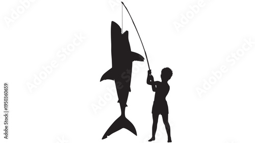 Shark caught by a young fisherman silhouette on a white background illustrating an achievement in fishing and outdoor adventure.