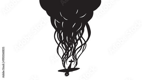 Airplane silhouette engulfed by black tentacles emerging from a dark cloud, representing a surreal and terrifying aerial encounter.