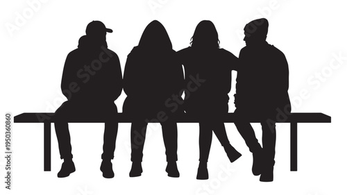 Silhouettes of four friends sitting together on a bench, seen from behind in a minimalist black and white illustration.