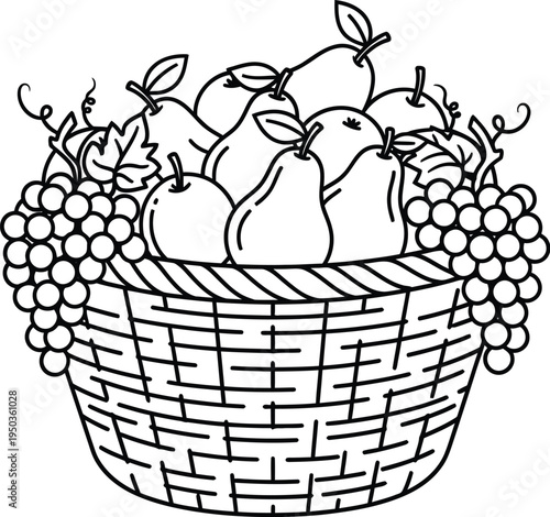 Simple black and white line art drawing illustrating a wicker basket filled with ripe pears and large bunches of hanging grapes