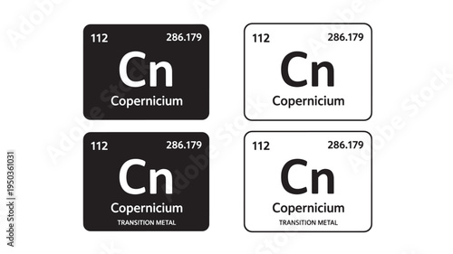 Copernicium element tiles with atomic number 112 and atomic mass 286.179 displayed in black and white styles.