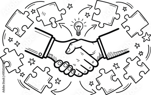 Handshake illustration symbolizes successful partnership agreement and collaboration around connecting puzzle pieces toward an innovative idea.