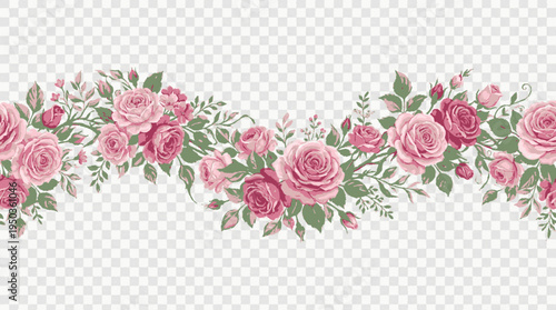 Romantic pink rose garland border vector with green leaves on transparent background for decoration