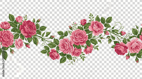 Romantic pink rose garland border vector with lush green leaves on transparent background for wedding decoration