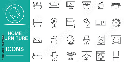 Home furniture outline editable icon set. Bedroom, kitchen, furniture, bathroom, dining table, sofa, chair, clock and more. Vector illustration.