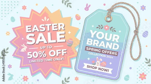 Vibrant easter sale starburst badge with discount offer and shop now tag featuring spring elements and festive bunnies perfect for seasonal