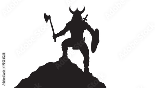 Viking warrior silhouette with axe, sword, and shield standing on a rocky outcrop, ready for battle in a dramatic pose.