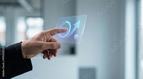 Upskilling and reskilling - A realistic hand interacts with a floating upgrade interface transforming into an upward arrow and verified badge symbolizing growth and approval.