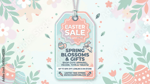 Easter sale tag with spring blossoms gifts and discount offer featuring decorative eggs bunny silhouette and floral background for seasonal