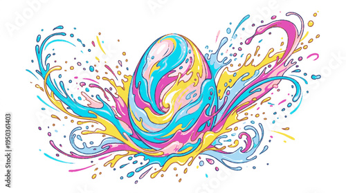 Vibrant colorful egg shape emerging from dynamic paint splashes in blue pink yellow on white background