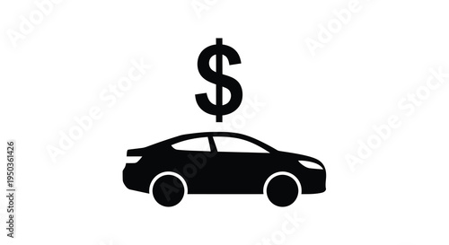 A simple black silhouette depicts a car with a dollar sign positioned directly above it symbolizing cost high quality