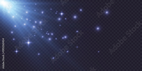 Bright Blue Lens Flare Effect. Abstract blue glow rays with soft illumination and light particles.