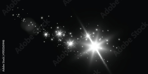 Sparkle light on black background, sparkling dust bokeh PNG. White star, glitter particles and stars. Magical glow. Cinematic