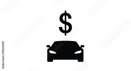 A stark black silhouette depicts a car positioned beneath a prominent dollar sign symbolizing financial costs associated with automobiles