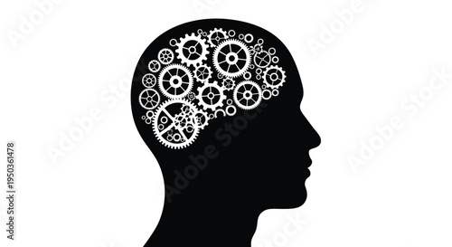 A stark silhouette of a human head is filled with intricate gears symbolizing thought mechanics and the complexity of the mind