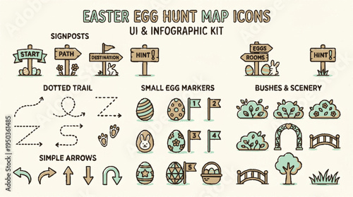 Easter egg hunt map icons and infographic kit with signposts trails markers scenery
