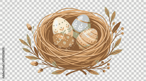 Easter eggs in a woven nest with leaves on a transparent background