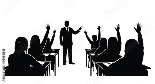 A silhouetted classroom scene depicts a teacher gesturing towards students with raised hands suggesting active participation high quality professional