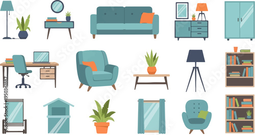 A flat illustration of home furnishings including a sofa, chair, desk, and cabinets