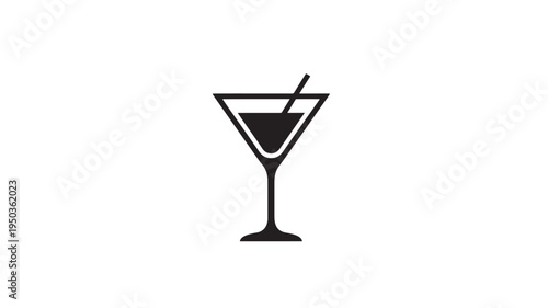Cocktail glass icon with a simple line art design and a straw inside featuring beverage, alcohol, party with celebration and bar elements for pub,