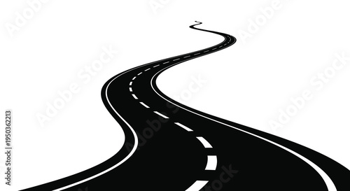 A winding black road stretches into the distance depicted in a stark high contrast black and white graphic style