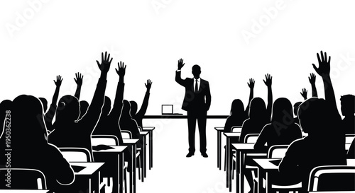 A black and white illustration depicts a classroom scene with a teacher and students actively participating raising their hands