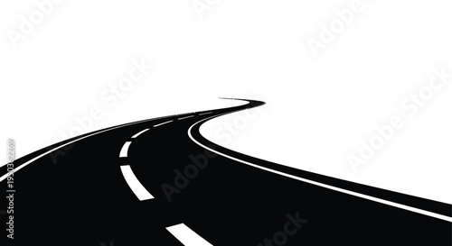 A stark winding black road stretches into the distance against a completely white minimalist background high quality professional detailed