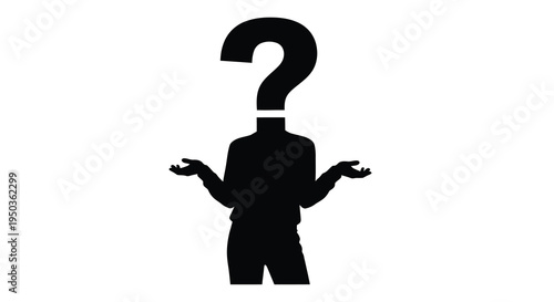 A stark black silhouette of a person with a question mark for a head stands questioning hands outstretched
