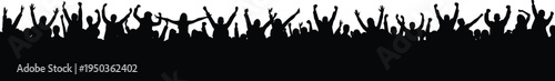 Cheering crowd silhouette banner with raised hands celebrating at concert, festival or sports event, excited audience people group illustration isolated on white background