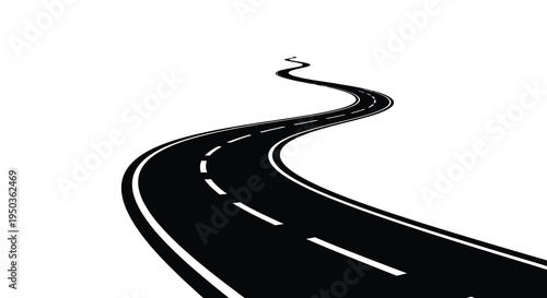 A winding black road stretches into the distance against a stark white background symbolizing a journey high quality professional