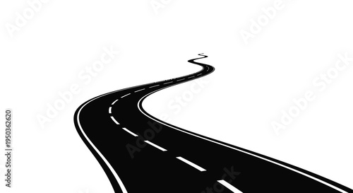 A strikingly simple illustration depicts a winding black road stretching into the distance on a white background high quality