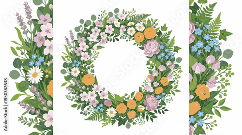 Decorative floral wreath with vibrant spring blossoms lush greenery and delicate pink flowers on a clean white background