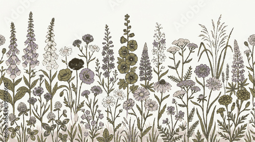 Delicate illustration of wildflowers in a border design showcasing varied species in neutral tones