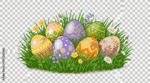 Colorful easter eggs cluster in green grass with flowers vector illustration