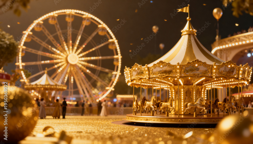 Fototapeta premium Glowing ornate carousel spinning at nighttime amusement plaza, with Ferris wheel, visitors in coats