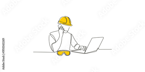 Construction worker on phone while using laptop computer man person call yellow hard hat safety