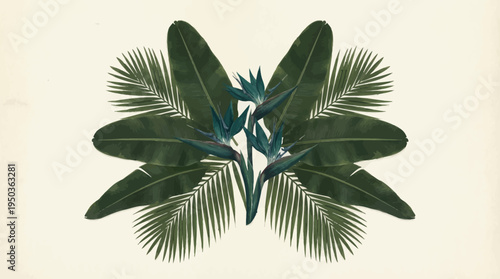 A beautifully arranged botanical composition features a striking symmetrical display of vibrant green tropical leaves, including broad banana leaves and delicate palm fronds