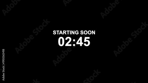 180 to 0 seconds, 3 minutes countdown with animated text streaming starting soon, 4k video on black background