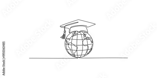 Graduation cap on top of the world globe education concept learning school university grad hat