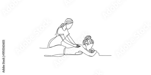 Continuous line drawing of woman performing yoga with instructor on white background fitness wellness mindfulness