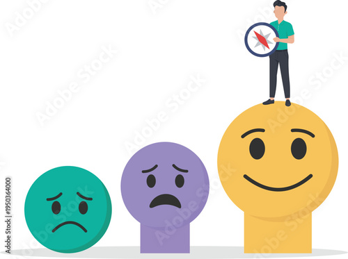 Businessman with Compass Standing on Happy Emoji for Mental Health and Direction
