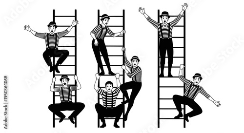 Mime Artists Climbing Ladders in Black and White