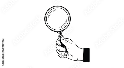 A black and white illustration depicts a hand firmly grasping the handle of a magnifying glass suggesting investigation